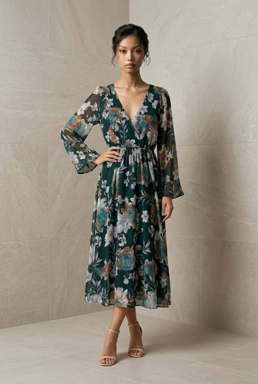 River Island Floral Chiffon Long Sleeve Midi Dress